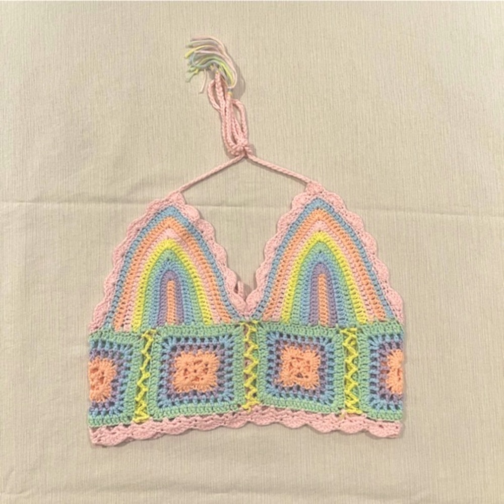 Crotchet Cropped Halter Top Rainbow Hippie Festival medium rave summer boho
